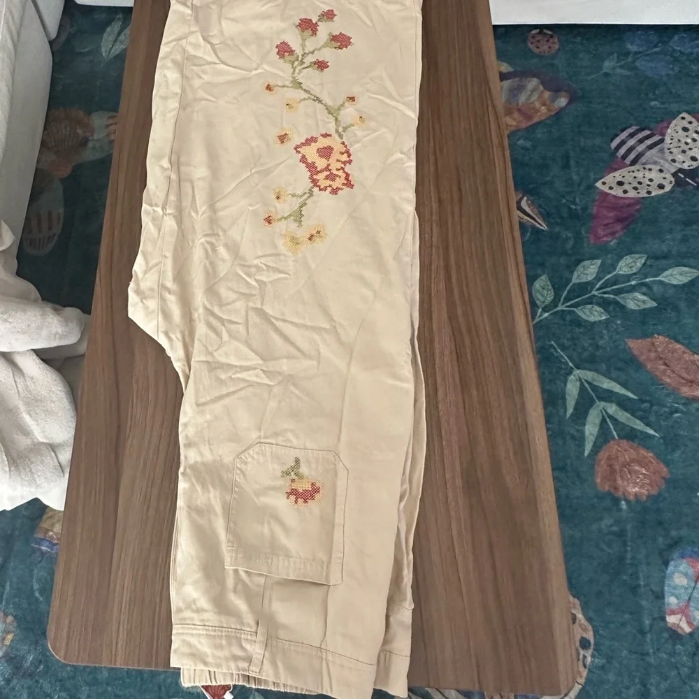 SHEIN Floral Embroidered Tan Wide-Leg Pants - Picture 6 of 7